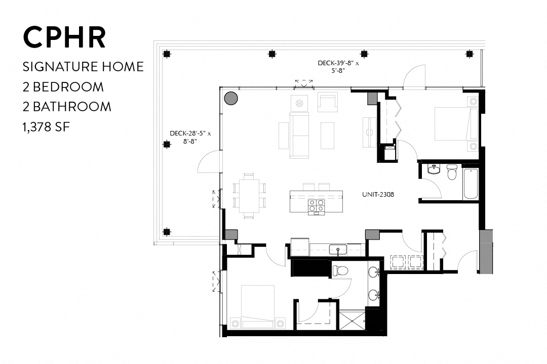 Floor plan for 2 beds, 2 baths, 1378 sqft